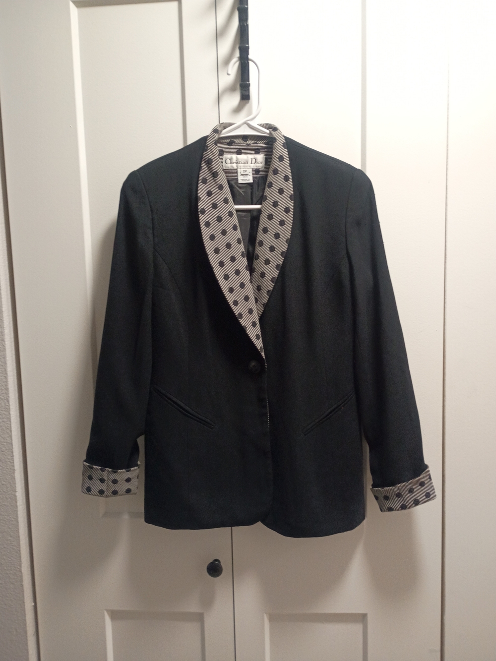 Vintage Dior Black Blazer with Gray Polka Dot Shawl Collar